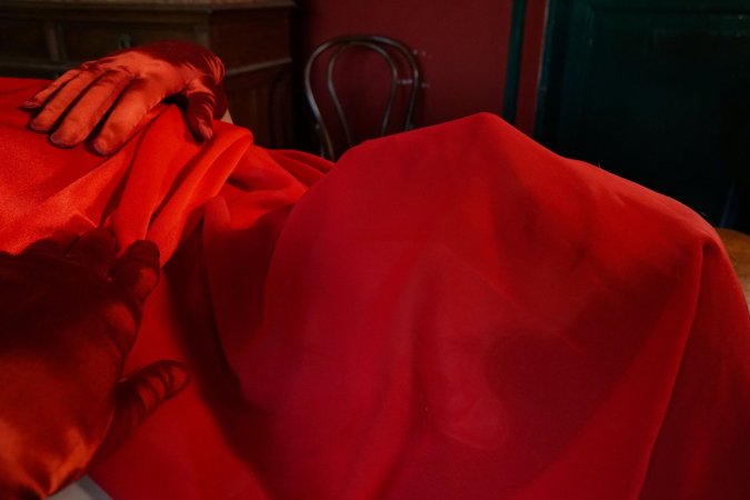 Arissa teases herself with a dildo, moaning and cumming on a scarlet-sheeted table — Arissa #2