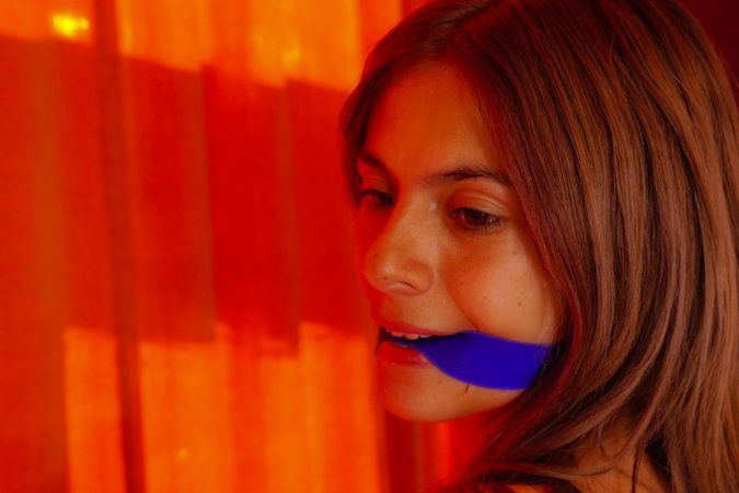 Paloma D bound and desperate straddles the giant dildo — Paloma D #3