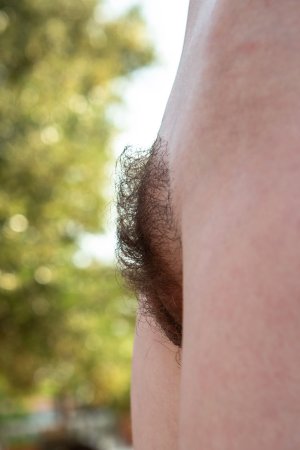 Night A teases outdoors in towel embrace soulful longing as fingers explore her hairy pussy — Night A #12