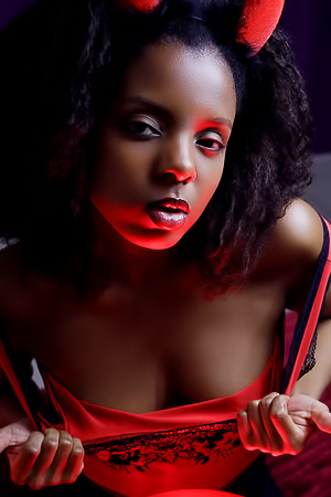 Sukki T seductively spreads her silky thighs to tease with wild curls in a devilish Halloween cosplay